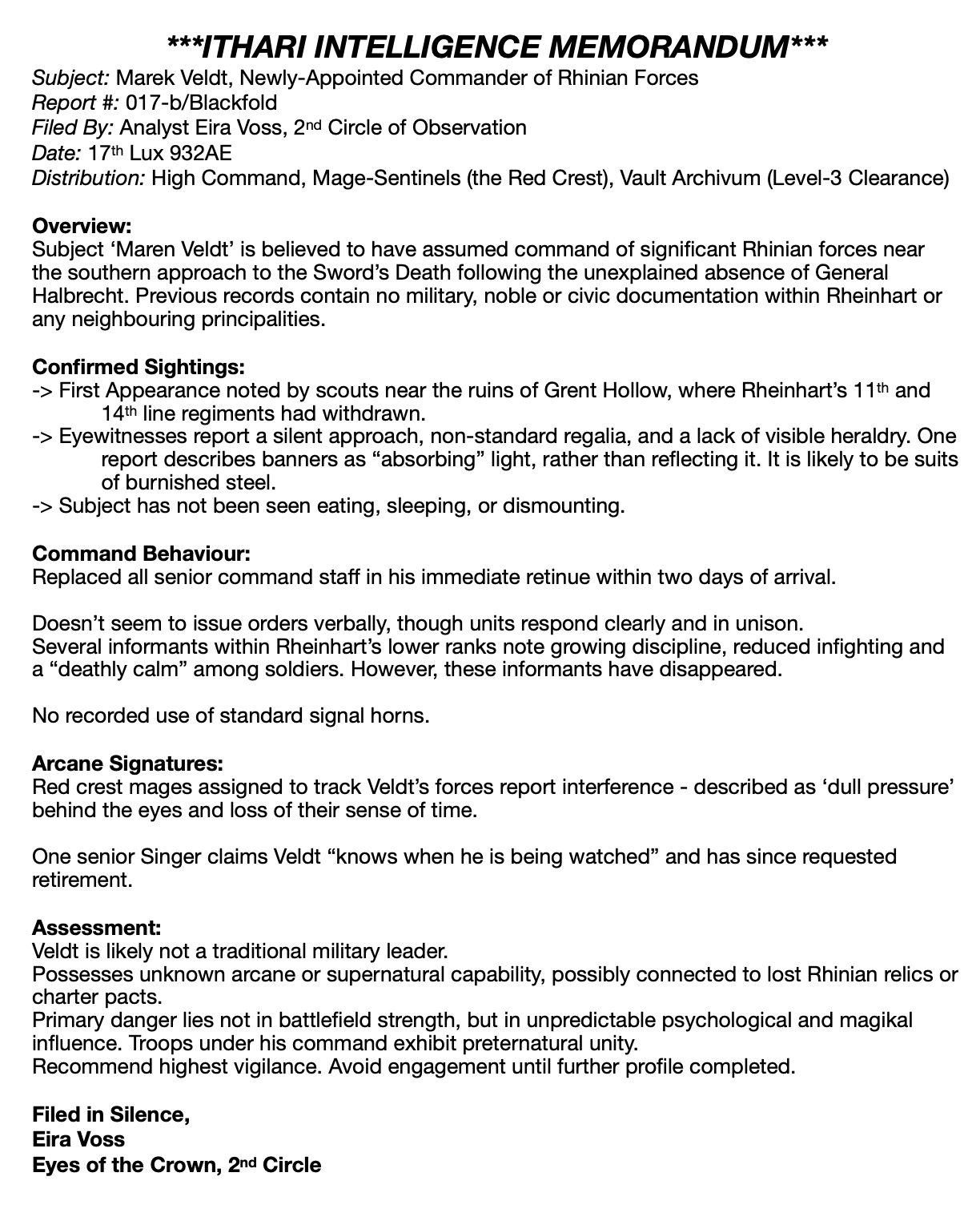 Ithari Intelligence Memorandum